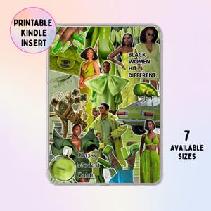 May include: A digital collage featuring various green-themed imagery including fashion models, a luxury handbag, a perfume bottle, a vintage car, and a beetle. Text overlays include PRINTABLE KINDLE INSERT, BLACK WOMEN HIT DIFFERENT, and Classy Modest Calm.