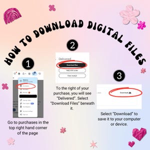 Op de afbeelding: Een gids over het downloaden van digitale bestanden op een pastelkleurige achtergrond. De afbeelding toont een stapsgewijs proces met screenshots en instructies. Decoratieve bloemen en een regenboog zijn ook aanwezig. De tekst luidt "HOW TO DOWNLOAD DIGITAL FILES".