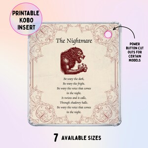 Könnte beinhalten: Ein quadratischer, transparenter Kobo-E-Reader-Einsatz mit dekorativem rotem Rand, einer zentralen Werwolf-Illustration und dem Text The Nightmare sowie einem Gedicht. Der Einsatz verfügt über eine kreisförmige Aussparung für den Ein-Aus-Schalter.