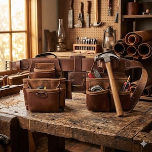 Heavy-Duty Top-Grain Leather Tool Belt – Carpenter Framer Pouch, Dual-Pouch Organization