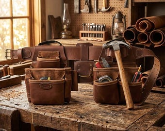Heavy-Duty Top-Grain Leather Tool Belt – Carpenter Framer Pouch, Dual-Pouch Organization