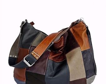 Genuine Leather Patchwork Purse – Multi-Color Artisan Hobo Bag – Unique Gift for Her
