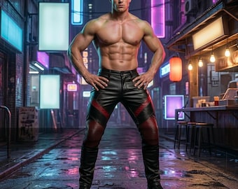 Men’s Cyberpunk Moto Leather Pant – Stealth Black & Crimson Red