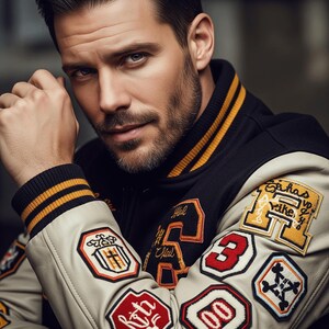 Puede incluir: Chaqueta universitaria negra y crema con ribete a rayas amarillas y negras. La chaqueta presenta múltiples parches con números y gráficos en las mangas. La chaqueta tiene el texto "Hal" y "Sahas".