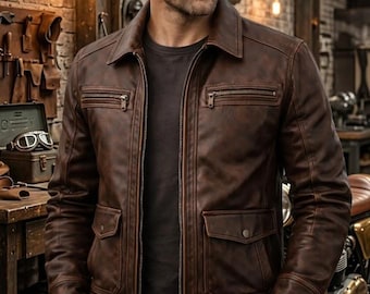 Men's Distressed Brown Leather Jacket - Vintage Cafe Racer Style - Rugged Utility Biker Coat - Genuine Leather Moto Jacket