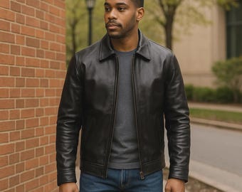 Men's Handmade Full Grain Leather Jacket – 90s Retro Shirt Collar Coat