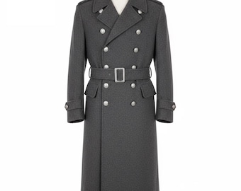 Men's Charcoal Wool Military Trench Coat – Double Breasted Officer Overcoat