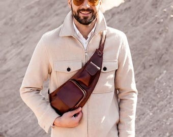 Genuine Leather Crossbody Travel Bag – Urban Utility Chest Pack – Minimalist Shoulder Bag for Men