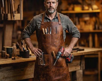 Handmade Leather Woodworking Apron with Tool Pockets, Personalized Carpenter Gift, Custom Engraved Shop Apron