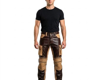 Men's Dual-Tone Leather Biker Pants – Full-Grain Racing Trousers
