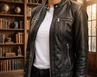 Women’s Slim Fit Black Leather Biker Jacket – Genuine Soft Sheepskin Moto Jacket with Mandarin Collar and Silver Hardware