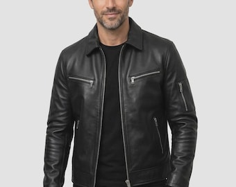 Men's Black Real Leather Jacket – Classic Business Style Outerwear
