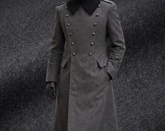 Men's Charcoal Grey Double-Breasted Military Greatcoat – Gothic Officer Wool Overcoat