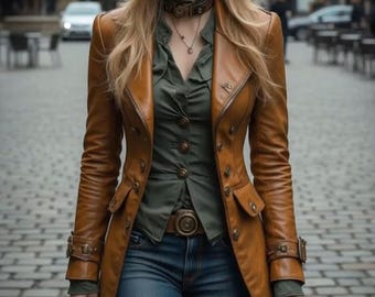 Women's Long Real Leather Trench Coat | Handmade Steampunk Gothic Jacket | Victorian Van Helsing Style Long Coat