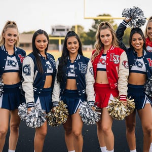 May include: A group of cheerleaders wearing navy blue and red letterman jackets with white sleeves, matching pleated skirts, and pom-poms. The jackets feature school logos. The cheerleaders are standing on a track field.