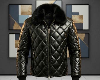 Men's Genuine Sheepskin Black Leather Puffer Bomber Jacket