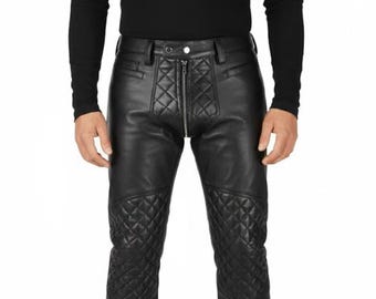 Handmade Men's Quilted Black Leather Biker Pants | Slim Fit Motorcycle Trousers