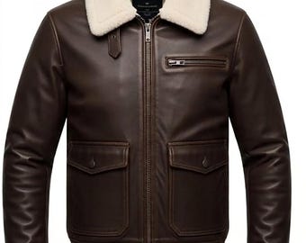 Distressed Brown Leather Bomber | Genuine Shearling Collar Winter Coat | Rugged Men's Aviator Jacket | Handmade Leather Flight Parka