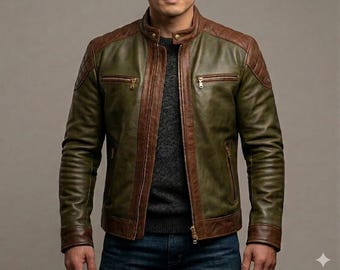 Men's Handmade Olive Green & Brown Two-Tone Leather Motorcycle Jacket - Slim Fit Biker Style