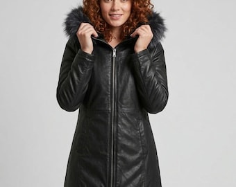 Women’s Long Genuine Leather Parka – Hooded Winter Coat with Faux Fur Trim