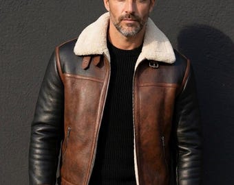 Men's Dual-Tone Shearling Aviator Leather Jacket – B3 Bomber Style