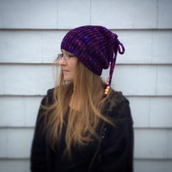 Women Slouchy Beanie, Knit Slouchy hat with drawl string bow,  Slouchy Beanie, Womens Winter hat, Wool hat