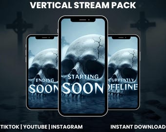 Vertical Skull Stream Pack | Halloween TikTok Overlay Screens | Starting Soon Ending Offline | Mobile Streaming | Horror PNG