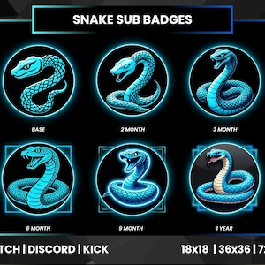 以下が含まれることがあります： Twitch、Discord、Kick用の、青いヘビをテーマにした6つのサブバッジのセット。各バッジは、円の中に様式化されたヘビのデザインが施されており、サブスクリプション期間を示すテキスト（Base、2か月、3か月、6か月、9か月、1年）が記載されています。画像には、18x18、36x36、72x72のサイズも含まれています。