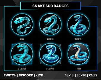 Blue Snake Sub Badges for Twitch, Discord & Kick | Venom Serpent Gamer Badges | 6 Tier Streaming Loyalty Badges | PNG Emote Set