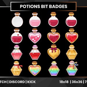 May include: A collection of twelve potion bottle bit badges with various colors and shapes. The bottles are round, heart-shaped, and hexagonal, with cork stoppers. The potions inside are clear, pink, red, and gold, with some featuring hearts and ribbons. The text "POTIONS BIT BADGES" is at the top.