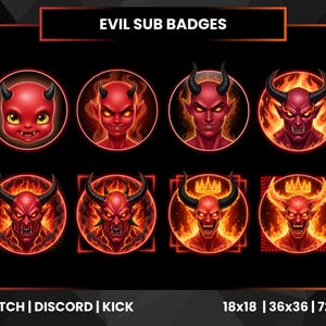 May include: Eight red devil-themed sub badges. Each badge shows a different illustration of a devil with horns, set against a fiery background. The text "EVIL SUB BADGES" is at the top.