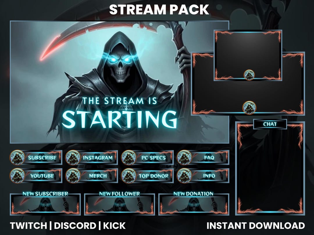 Grim Reaper Neon Stream Overlay | Dark Fantasy Twitch Kit (digital ...