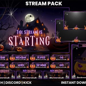 以下が含まれることがあります： ハロウィーンをテーマにしたストリームパック。お化け屋敷の背景、カボチャ、テキスト「The Stream Is Starting」が含まれています。Twitch、Discord、Kick用のオーバーレイ要素、サブスクライバー、グッズなどのボタンが含まれています。インスタントダウンロード。
