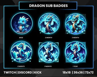 Insignias de suscripción de Blue Dragon para Twitch, Kick y Discord / Emotes de transmisión de fantasía / 6 insignias de fidelidad de Dragon Evolution