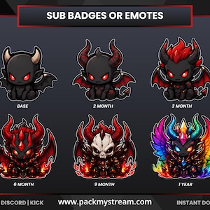 Peut inclure: Un ensemble de six illustrations numériques intitulées SUB BADGES OR EMOTES, représentant des personnages démoniaques évolutifs avec des yeux rouges, des cornes et des ailes, allant d'une forme noire de base à des designs complexes rouges, armurés et arc-en-ciel.