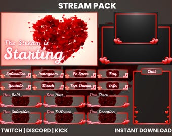 Valentine Stream Overlay Pack | Animated Twitch OBS Streamlabs Overlay | Heart Theme Streaming Package