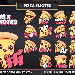 Könnte beinhalten: Eine Sammlung von 16 Pizza-Emotes mit verschiedenen Ausdrücken und Textblasen. Die Emotes enthalten Sätze wie "Danke", "Wow" und "Bye". Das Bild enthält auch den Text "Pizza Emotes" und Plattformlogos.