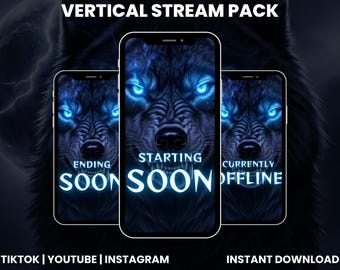 Blue Wolf Vertical Stream Pack | TikTok Live Overlay | Animated Starting Soon Ending Offline Screens | OBS Streamlabs Mobile 9:16