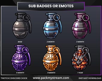 Grenade Sub Badges for Twitch Kick Discord, Gaming Subscriber Icons, Bomb Emotes, Gamer Streamer Badges