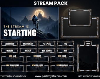 Wolf Stream Overlay Pack | Moon Night Twitch Overlay | Cinematic Gaming Stream Package | OBS & Streamlabs Kit