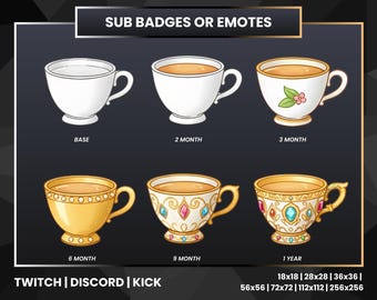 Elegant Tea Cup Sub Badges Set • Twitch Kick Discord Emotes • 6-Tier Loyalty Badges • Streamer Overlay Graphics • Cute Cup Sub Icons