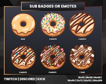 Donut Sub Badges for Twitch, Kick and Discord | Cute Bakery Stream Badges | Colorful Donut Loyalty Badges | Streamer Emotes & Icons