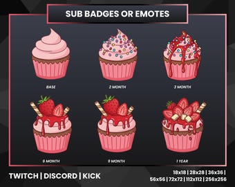 Cute Cupcake Sub Badges for Twitch, Discord & Kick | Stream Emotes for Subscribers | 6 Tier Loyalty Badges