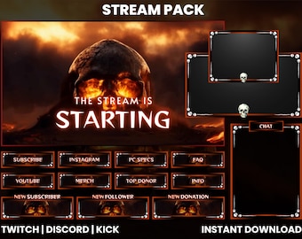 Dark Skull Animated Stream Overlay Pack for Twitch OBS Streamlabs Kick | Fire Skull Facecam Chat Alerts Starting Soon Screen