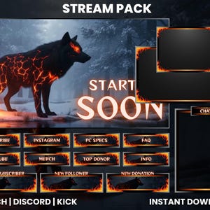 May include: A digital stream pack with a black wolf design with fiery orange accents. The pack includes overlay screens, chat boxes, and buttons for Twitch, Discord, and Kick. The text "START SOON" is prominently displayed.