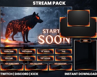Lava Wolf Twitch Overlay Pack | Fire Stream Package with Animated Screens, Panels, Alerts & Webcam Overlays for OBS and Stream labs