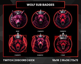 Wolf Sub Badges for Twitch Kick Discord | Ferocious Wolf Stream Badges | Gamer Loyalty Badges | Crowned Wolf Subscriber Icons