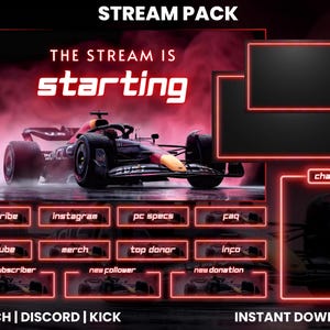 May include: Stream pack graphic with a Formula 1 race car and the text "THE STREAM IS starting" in red neon. Includes buttons for subscribe, Instagram, and other streaming features. The background is a smoky red.