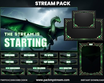 Dragon Stream Overlay Pack | Green Fantasy Twitch Overlay | RPG Gaming Stream Package | OBS & Streamlabs Kit