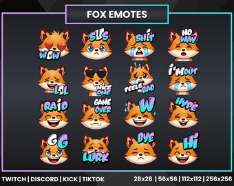 Fox Emotes 16x for Twitch, Discord, Kick & TikTok | Cute Fox Streamer Emotes PNG (28x28–256x256)